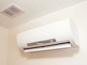 closeup of white mini split ductless ac system