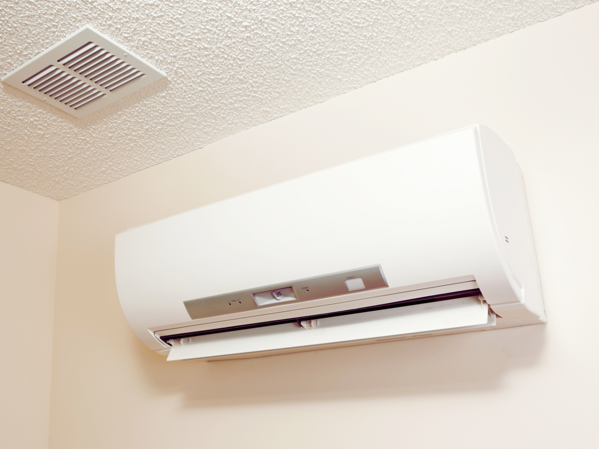 closeup of white mini split ductless ac system